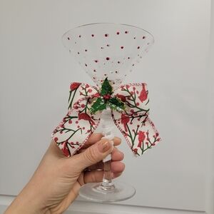 Festive Holiday Martini Glass with Red Polka Dots and Holly Accents Decor